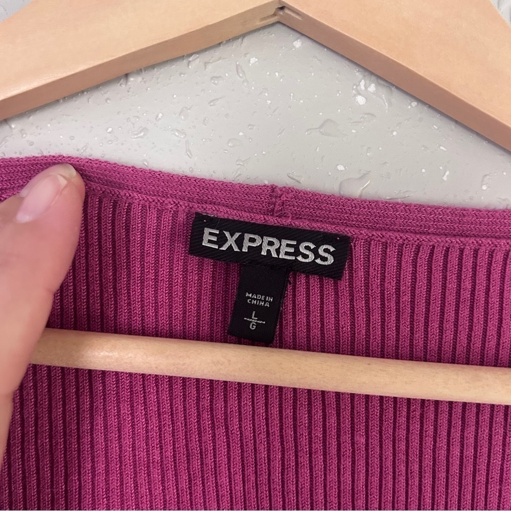Express Off-the-Shoulder Cold Shoulder Ribbed Pink Sweater Stretch Ruffle Sleeve - Picture 4 of 8
